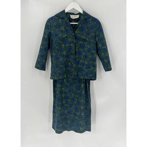 Jonathan Logan Vintage Dress Womens XS Blue Green Floral Sheath 2 Piece Jacket